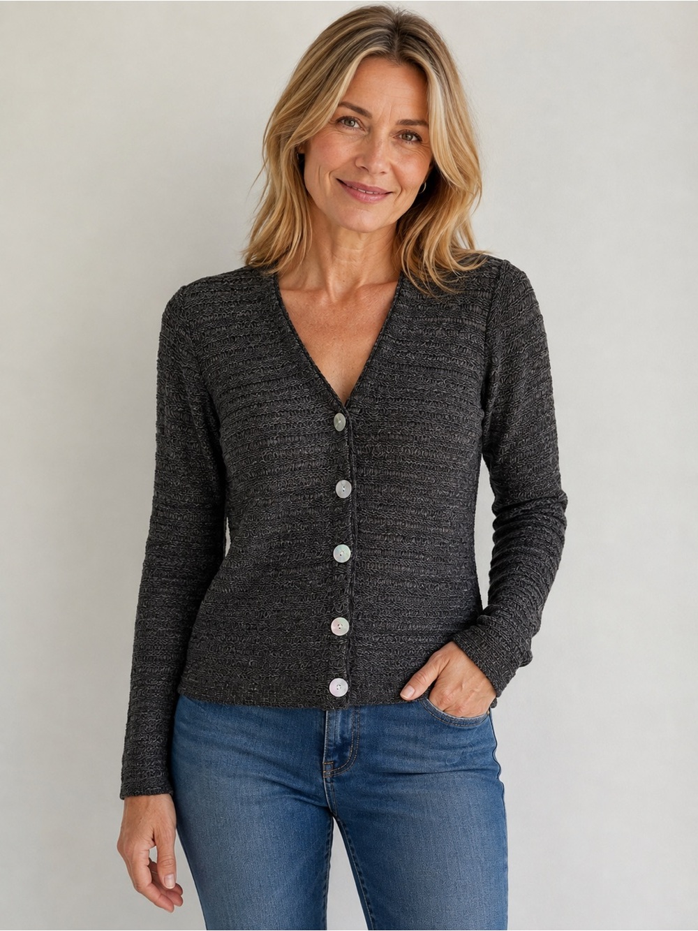 Bianca Marled Charcoal Grey V-neck Button Front Loose Knit Cardigan Sweater Top